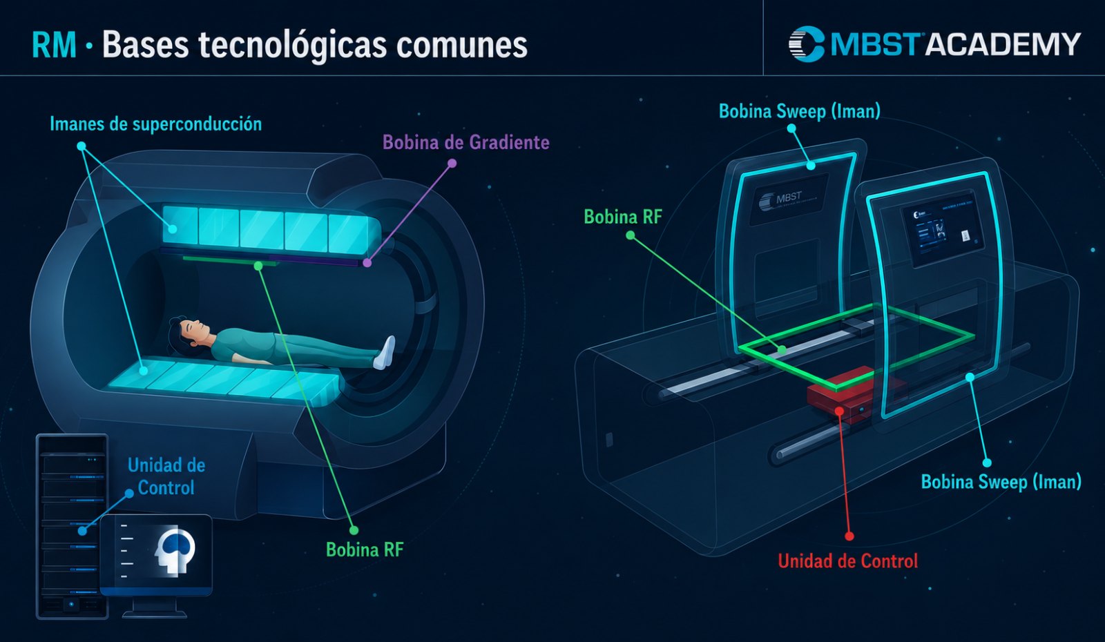 Bases tecnológicas comunes entre un equipo de Resonancia Magnética y un equipo MBST®: imanes de superconducción, bobina de gradiente, bobina RF, bobina Sweep y unidad de control
