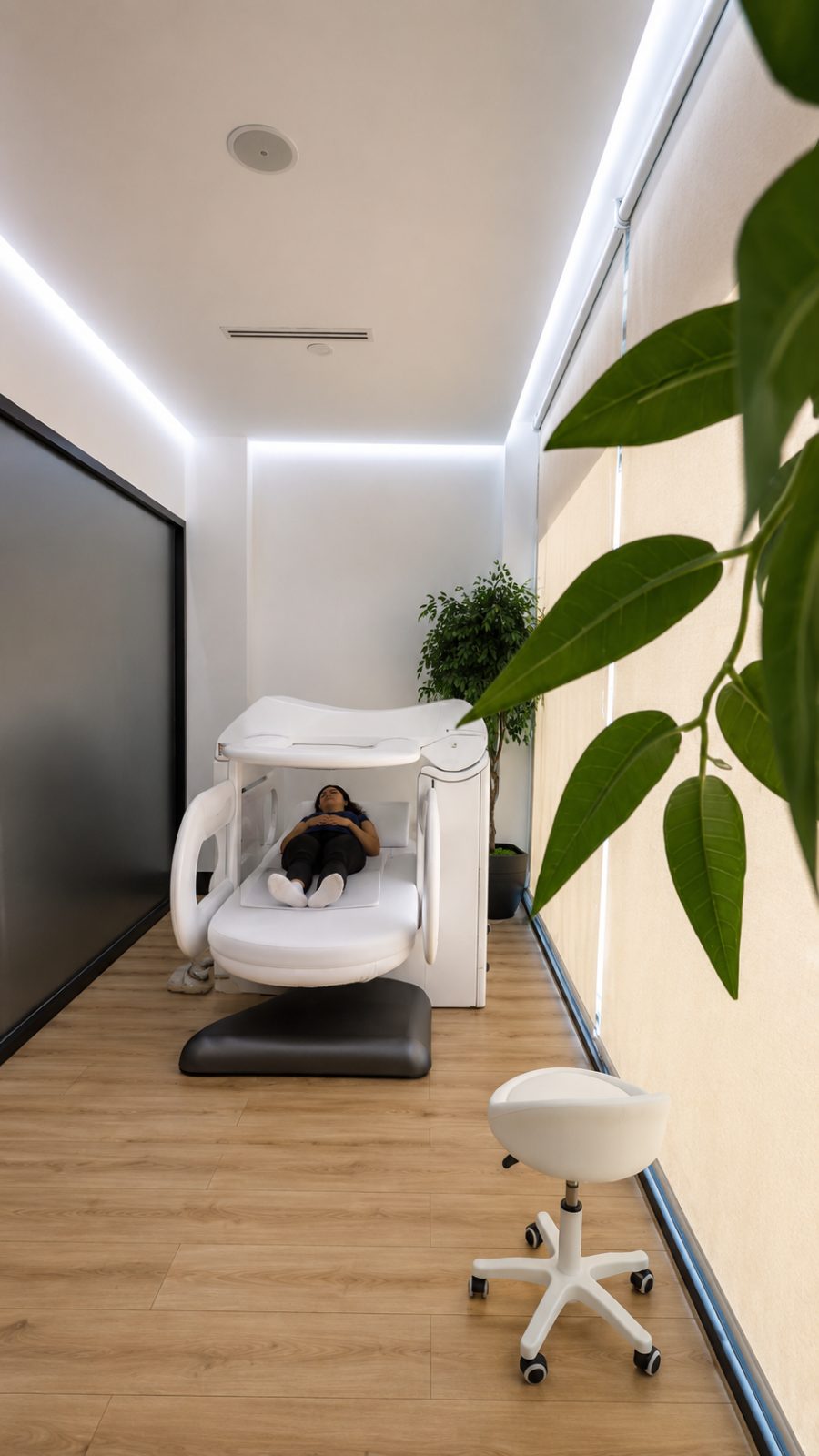 Sala de tratamiento MBST® de la clínica de Fisioterapia Regenerativa con una paciente recostada durante la terapia